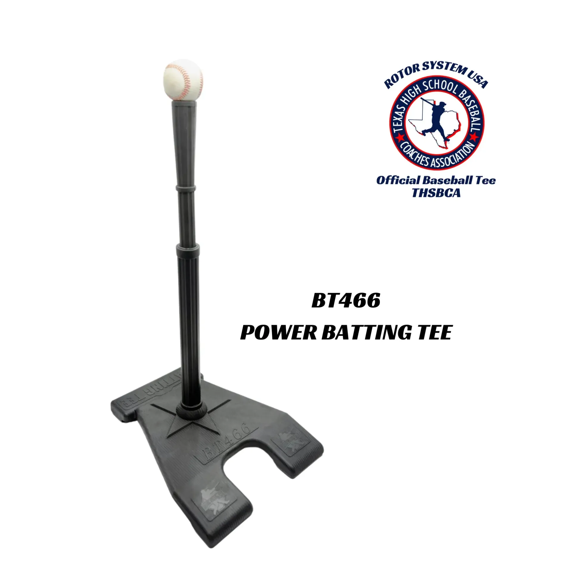 A power batting tee with a baseball on top of it.