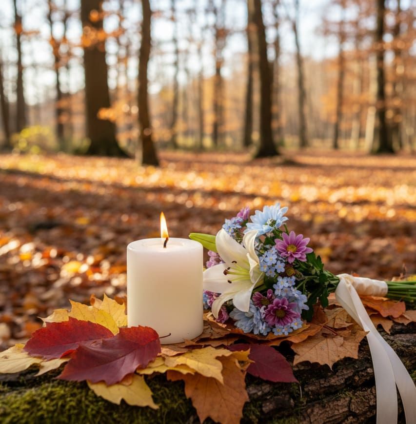 A memorial candle and flowers in an autumn forest setting for Tualatin, OR funeral home and cremations