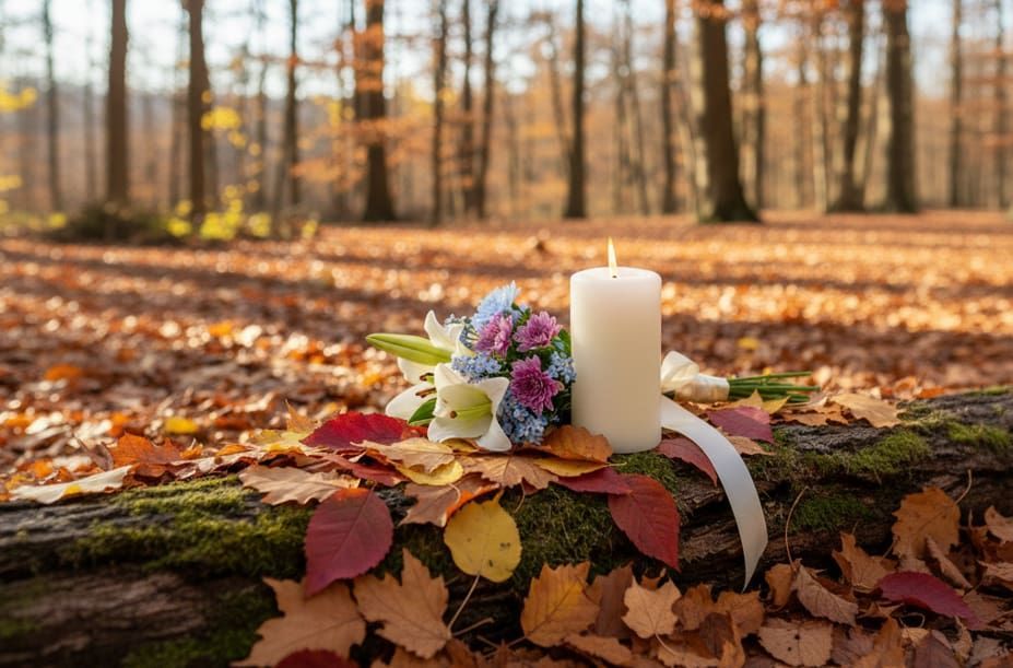 A serene candle and floral memorial displayed in a fall woodland scene Tualatin, OR funeral home and cremations
