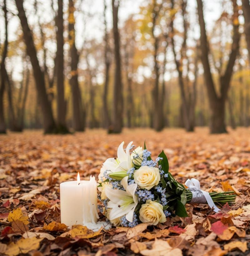 Memorial candle and white flowers in autumn forest Tigard, OR funeral home and cremations