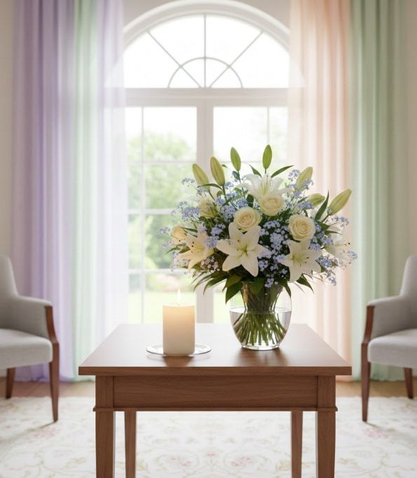 Tranquil funeral memorial interior with flowers for Wilsonville, OR funeral home and cremations