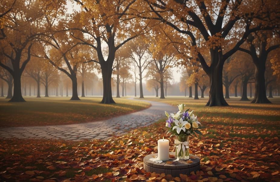 Tranquil remembrance setting with autumn trees, flowers, and a candle for Tigard, OR funeral home and cremations