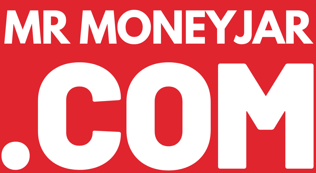 Mr Money Jar MR MONEYJAR .COM, white text on a red background.