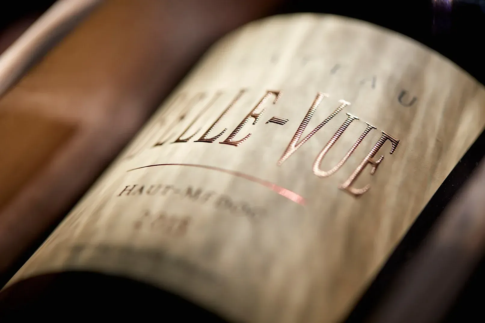 Close-up of a wine bottle label with 