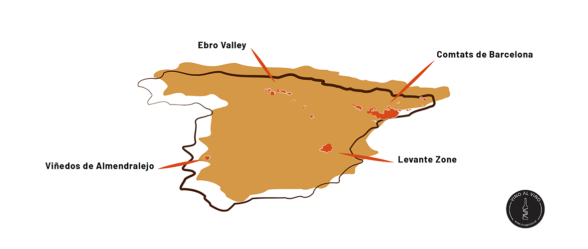 Map of Spain with the regions that produce Cava