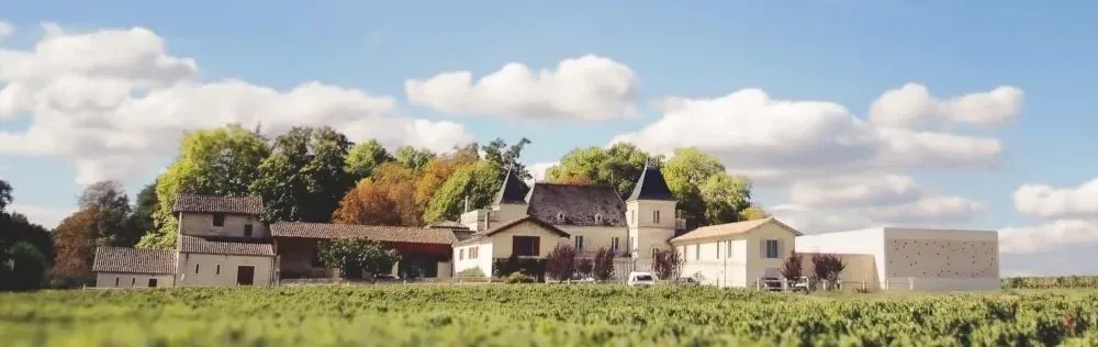 A French chateau in a vineyard under a blue sky with fluffy white clouds.