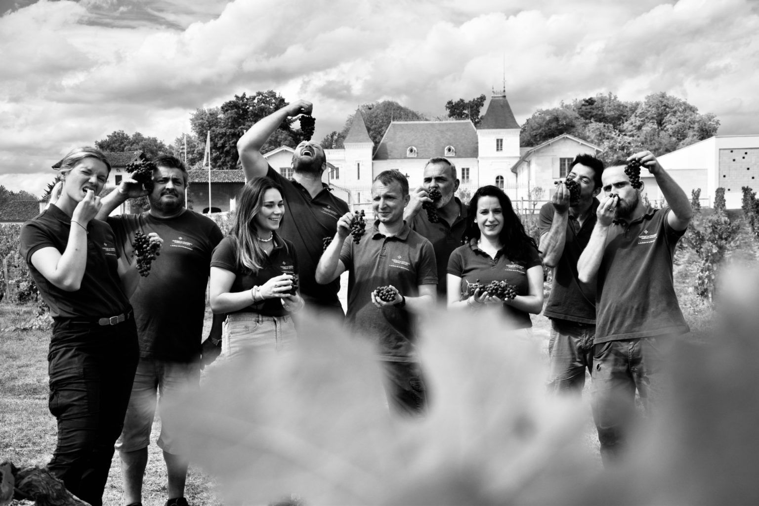 Group of people in Château de Chambrun vineyard, raising glasses.