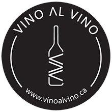 A logo for vino al vino with a bottle of wine in the center.