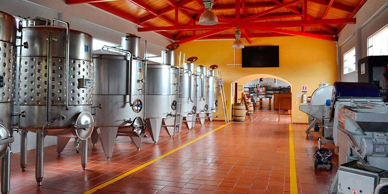 Inside a winery where wine is made: stainless steel tanks and equipment