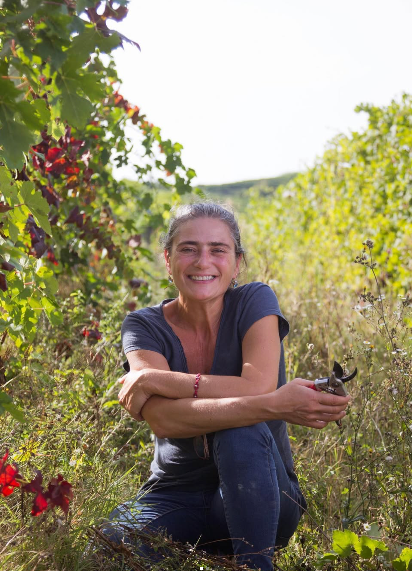 Woman smiling in a vineyard, holding pruning shears, surrounded by grapevines and greenery on a sunny day.
