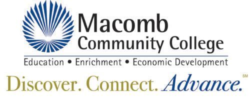 The Macomb Community College logo featuring an abstract blue icon above the text "Discover. Connect. Advance."