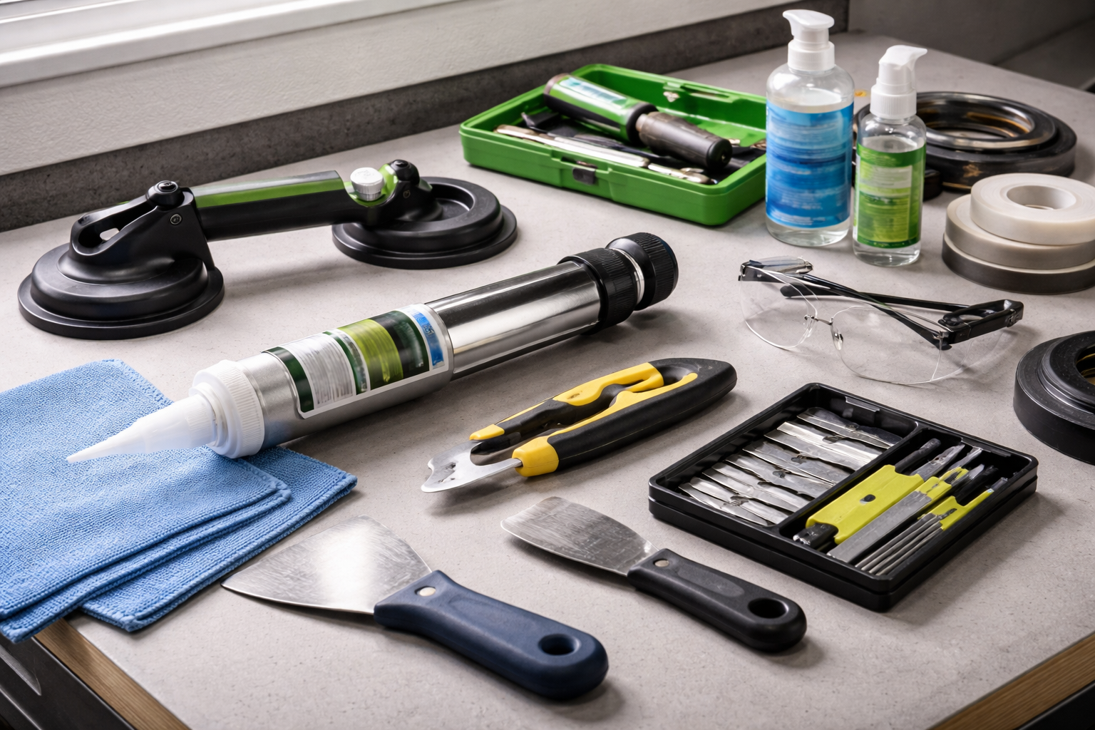 A variety of construction and repair tools, including a caulk gun, putty knives, and a tool kit, arranged on a surface.