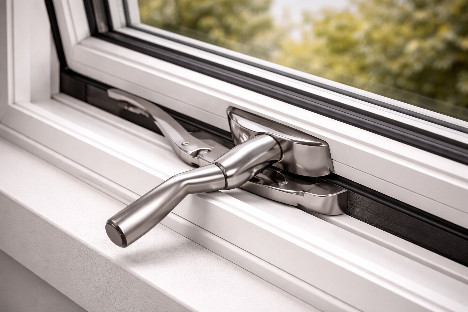 A close-up view of a metallic window handle locking mechanism mounted on a white window frame.