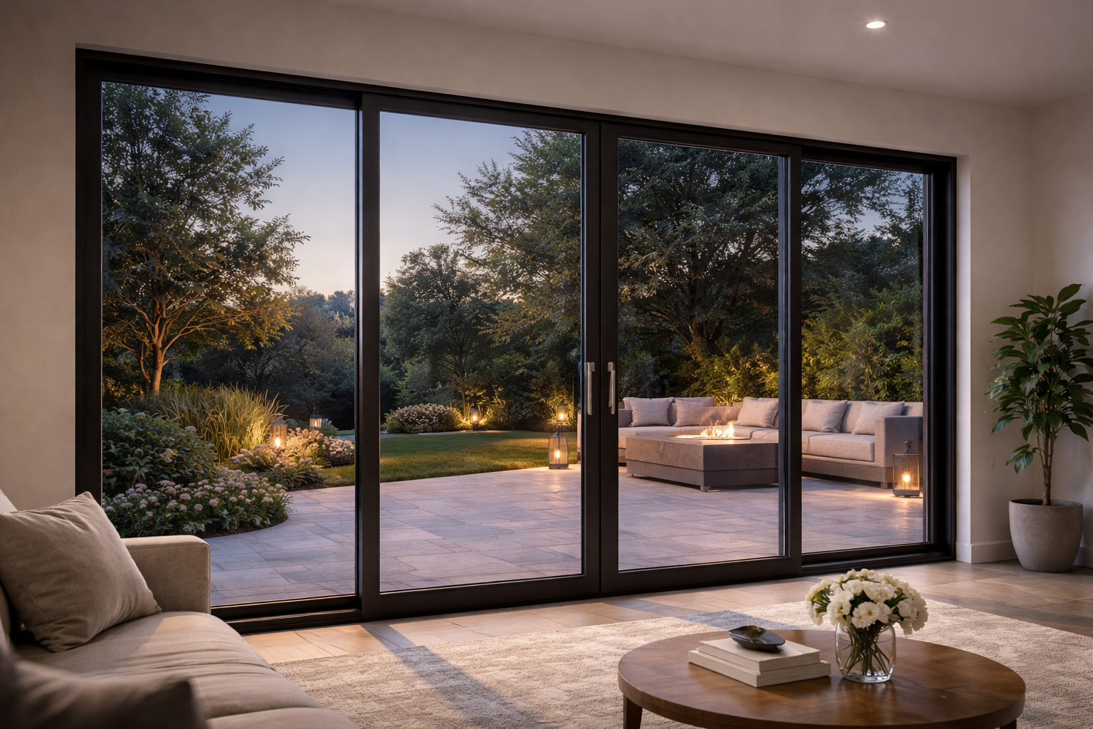 A living room view looking through large sliding glass doors at a patio with seating and a lush, lit garden at twilight.