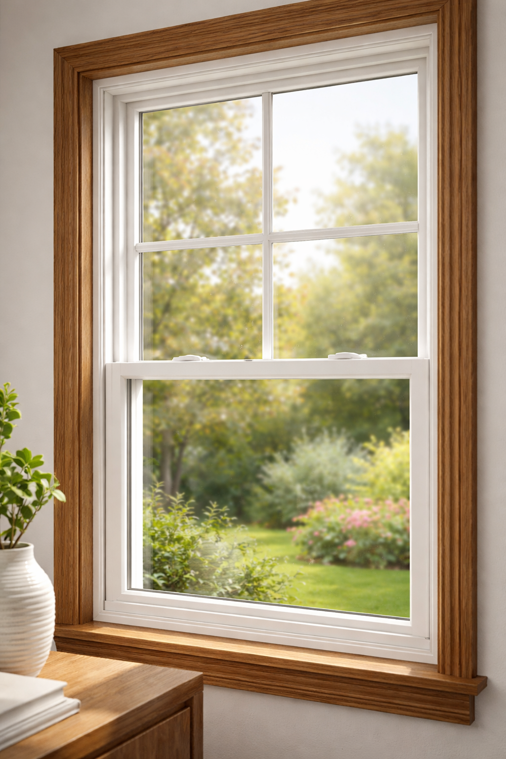 A white-framed window with wood trim, looking out onto a bright green garden, with a potted plant on a table nearby.