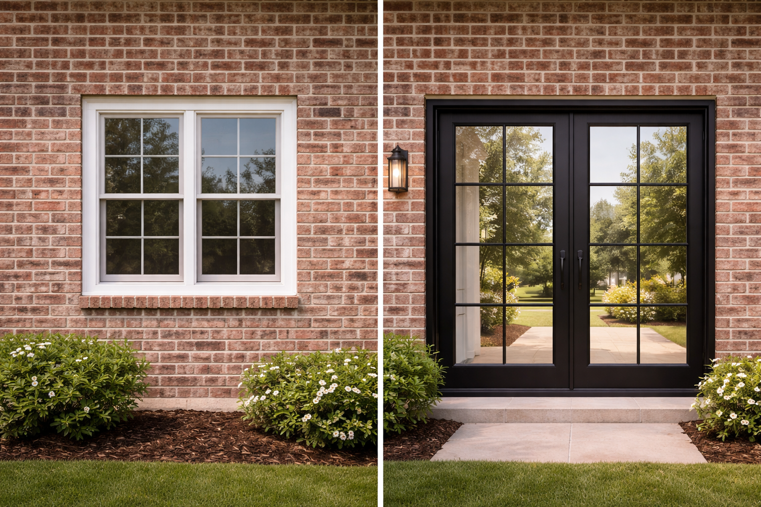 Side-by-side view of a brick house exterior showing a double-hung window on the left and a black-framed door on the right.