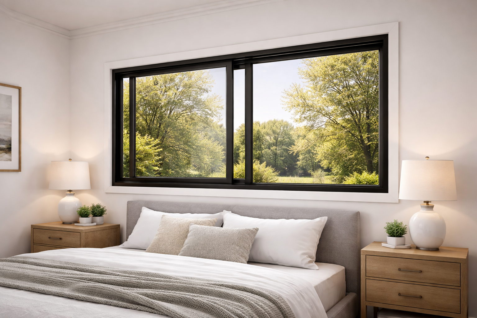 A bedroom with a large black-framed sliding window overlooking a green, tree-filled landscape, flanked by two nightstands.