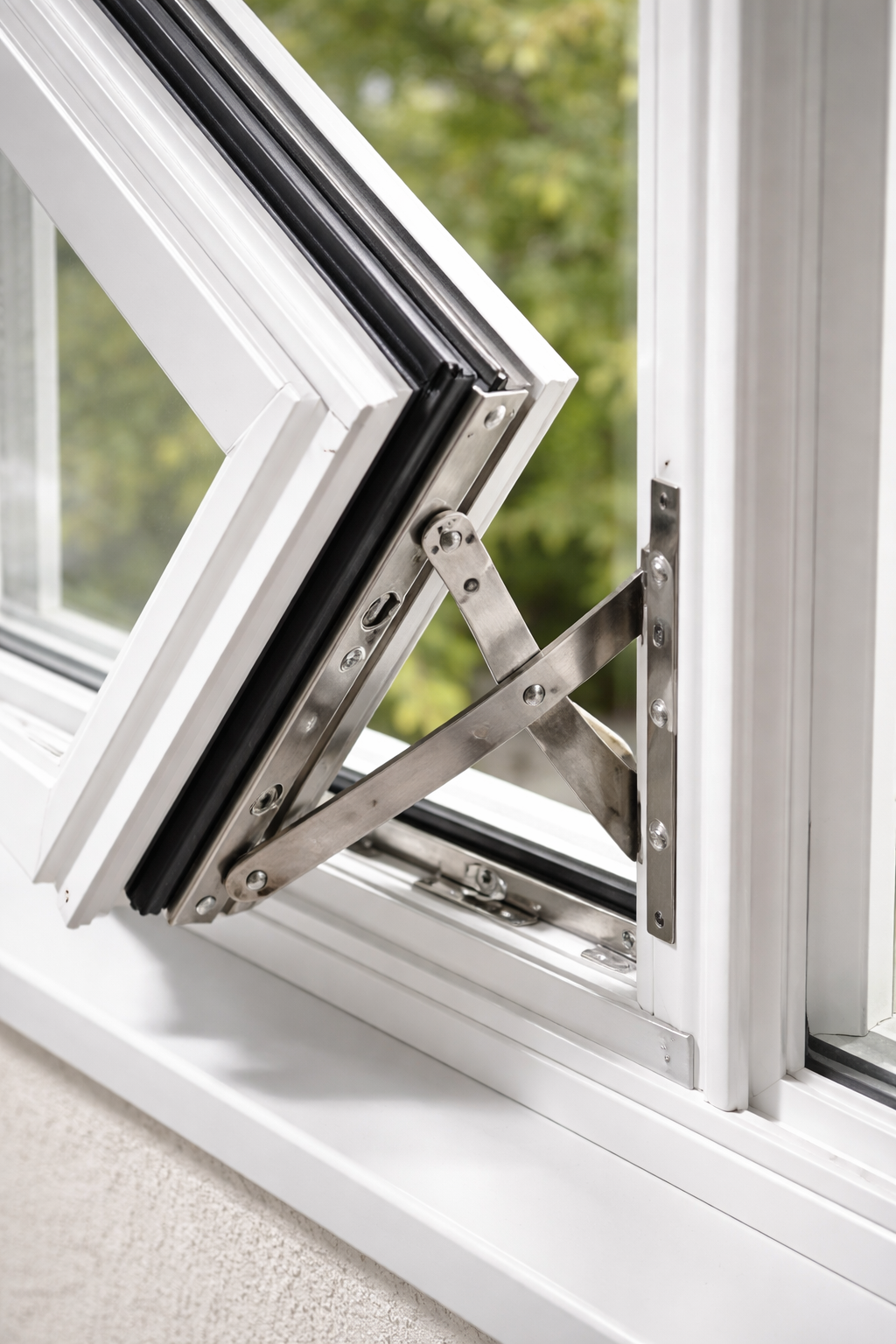 A close-up view of an open white window, highlighting the metal scissor-hinge mechanism attached to the frame.