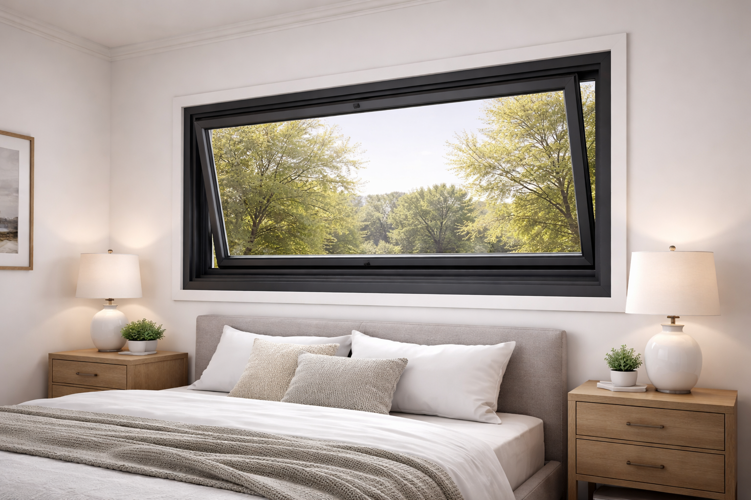 A wide, black-framed awning window open above a bed with bedside lamps in a modern, neutral-toned bedroom.