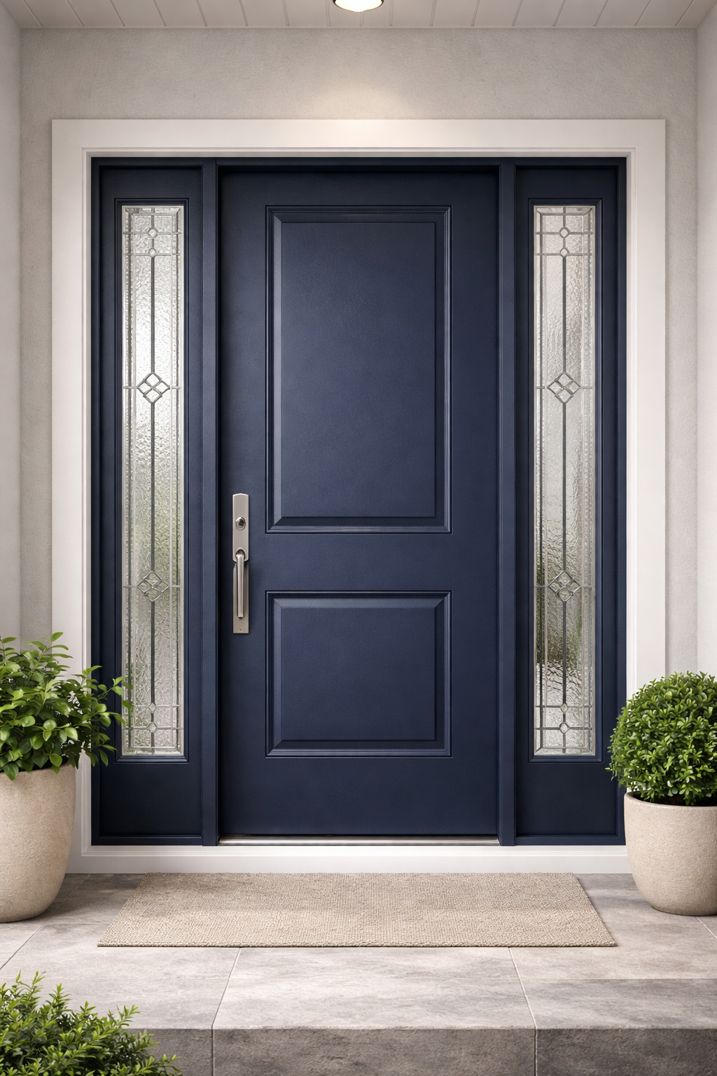 A dark blue front door with side windows, flanked by two potted plants on a stone porch.