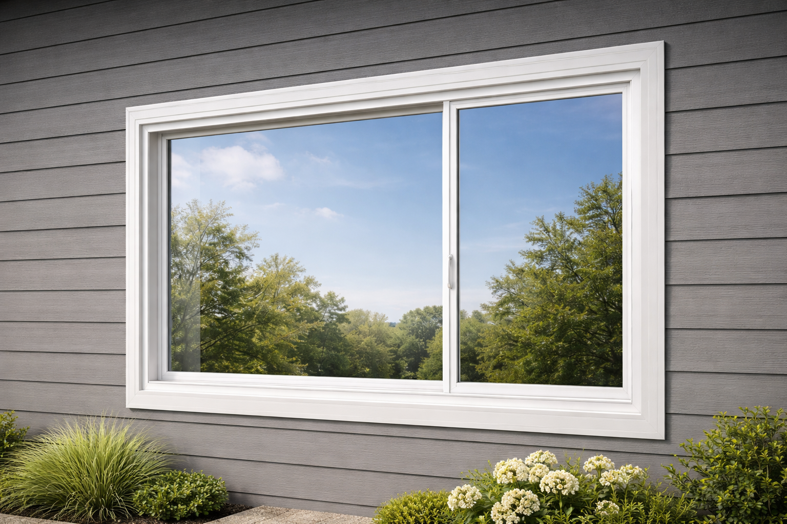 A white sliding window installed in a dark grey exterior wall with greenery visible below and reflected in the glass.