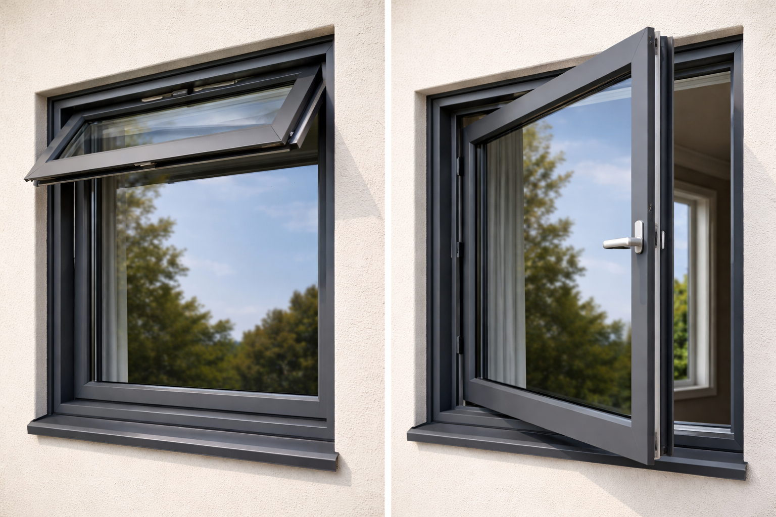 A side-by-side comparison of a dark-framed tilt-and-turn window, shown in both its top-tilt and side-swing open positions.