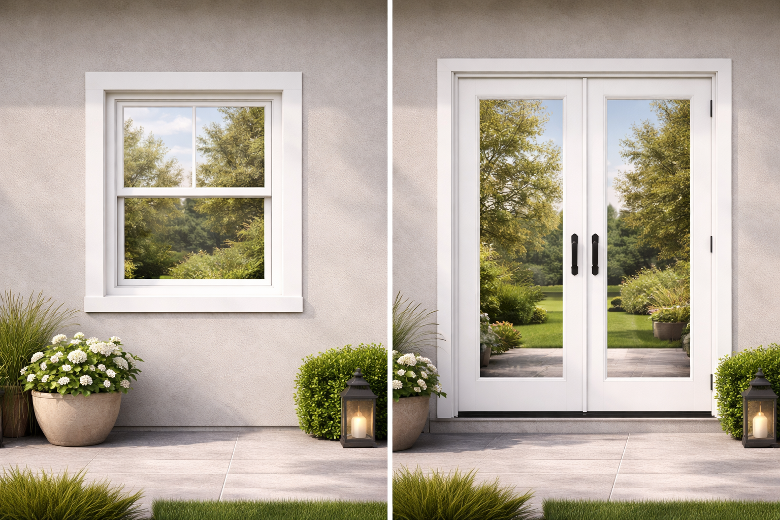 A split view comparing a white-framed window on the left with matching double French doors on the right.
