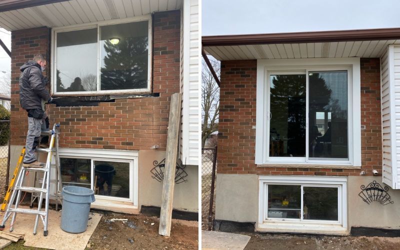 Before and after photos of a residential brick house exterior, showing a window replacement and new brickwork.