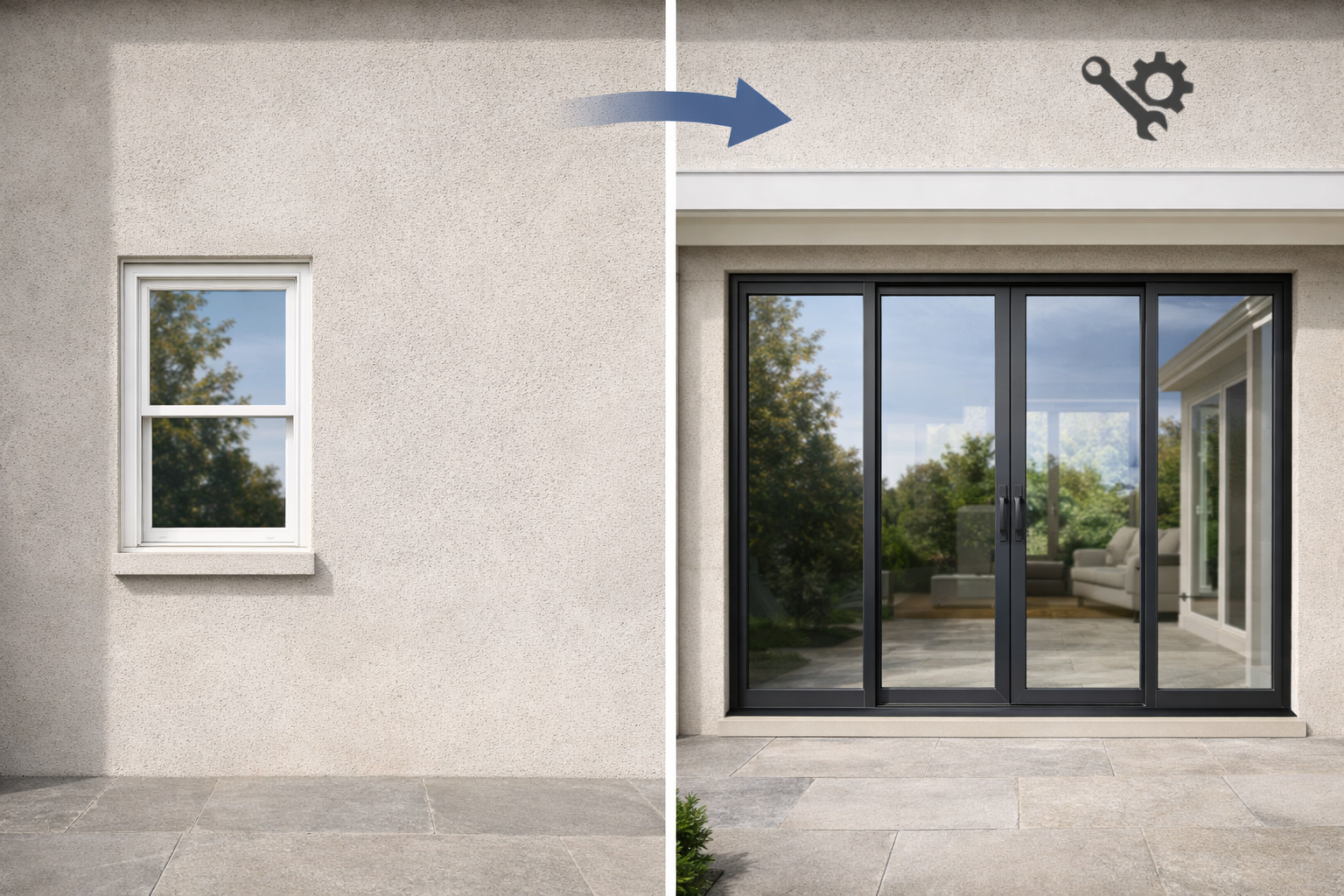 Before-and-after photo of a exterior wall, showing a single small window replaced by a large, black-framed sliding door.