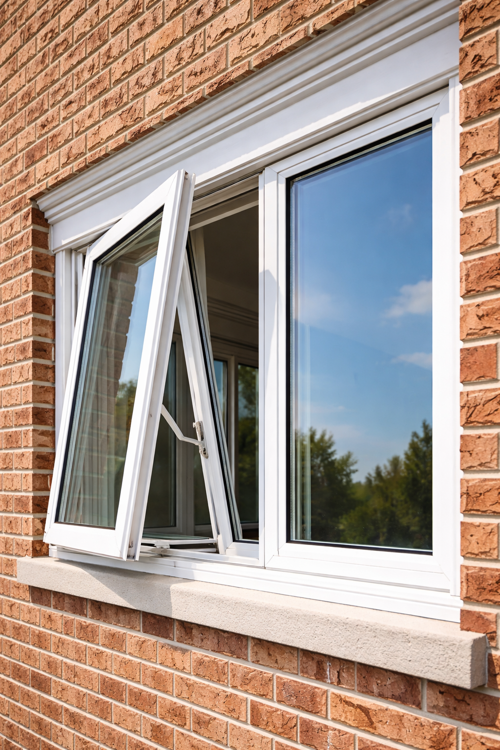 A white-framed casement window, partially open, set in a brown brick wall with a stone sill.