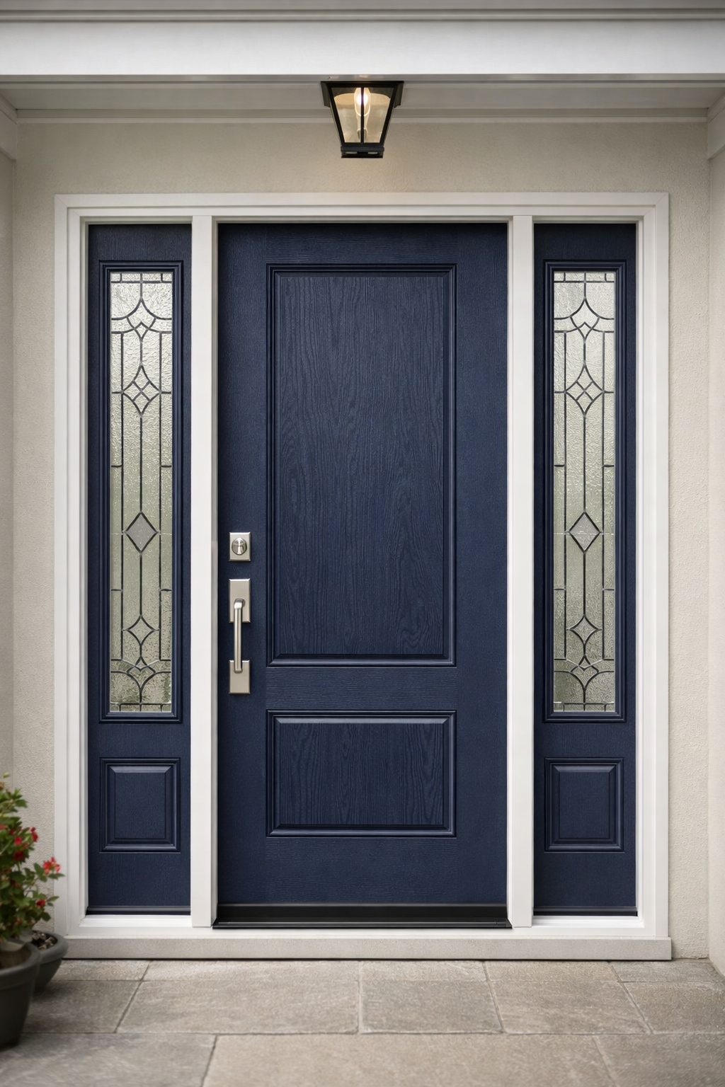 A navy blue front door with two decorative glass sidelights, framed in white trim on a stone entryway.