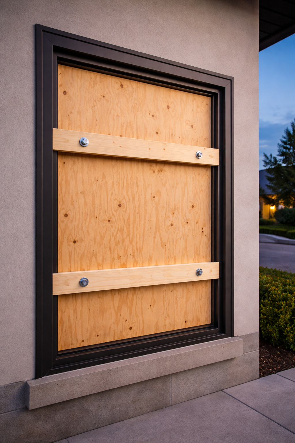 A window boarded up with plywood, secured with two horizontal wooden slats and metal bolts, set in a dark frame.