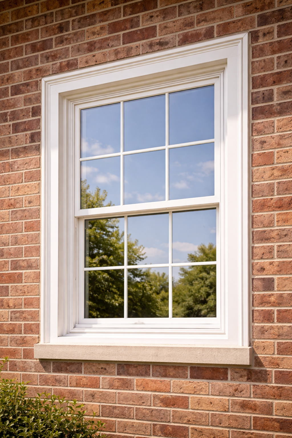 A white framed, double-hung window with a 6-over-6 grid pattern set into a reddish-brown brick exterior wall.