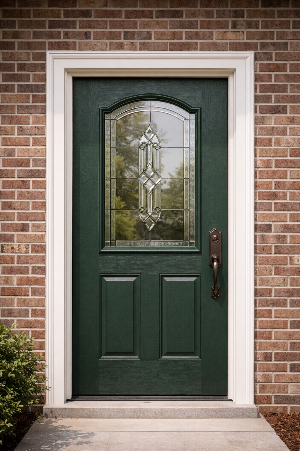 A dark green front door with a decorative arched glass window, set in a white frame against a brick exterior wall.