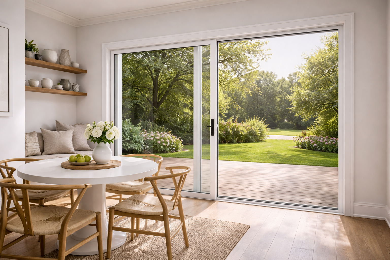 Dining room with a round white table and chairs looking out a large sliding glass door at a sunny backyard patio.