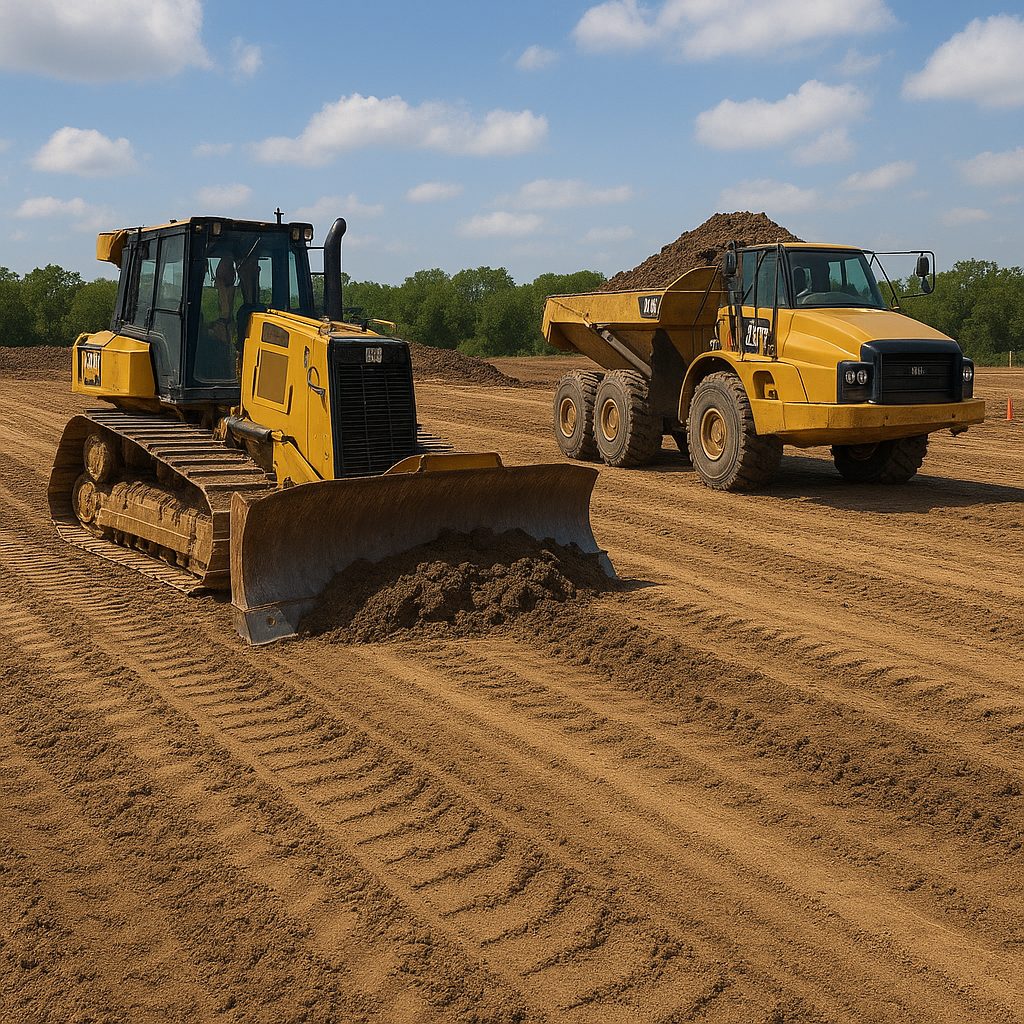 A yellow bulldozer and dump truck on a construction site. Tracks in the brown earth under a blue sky.