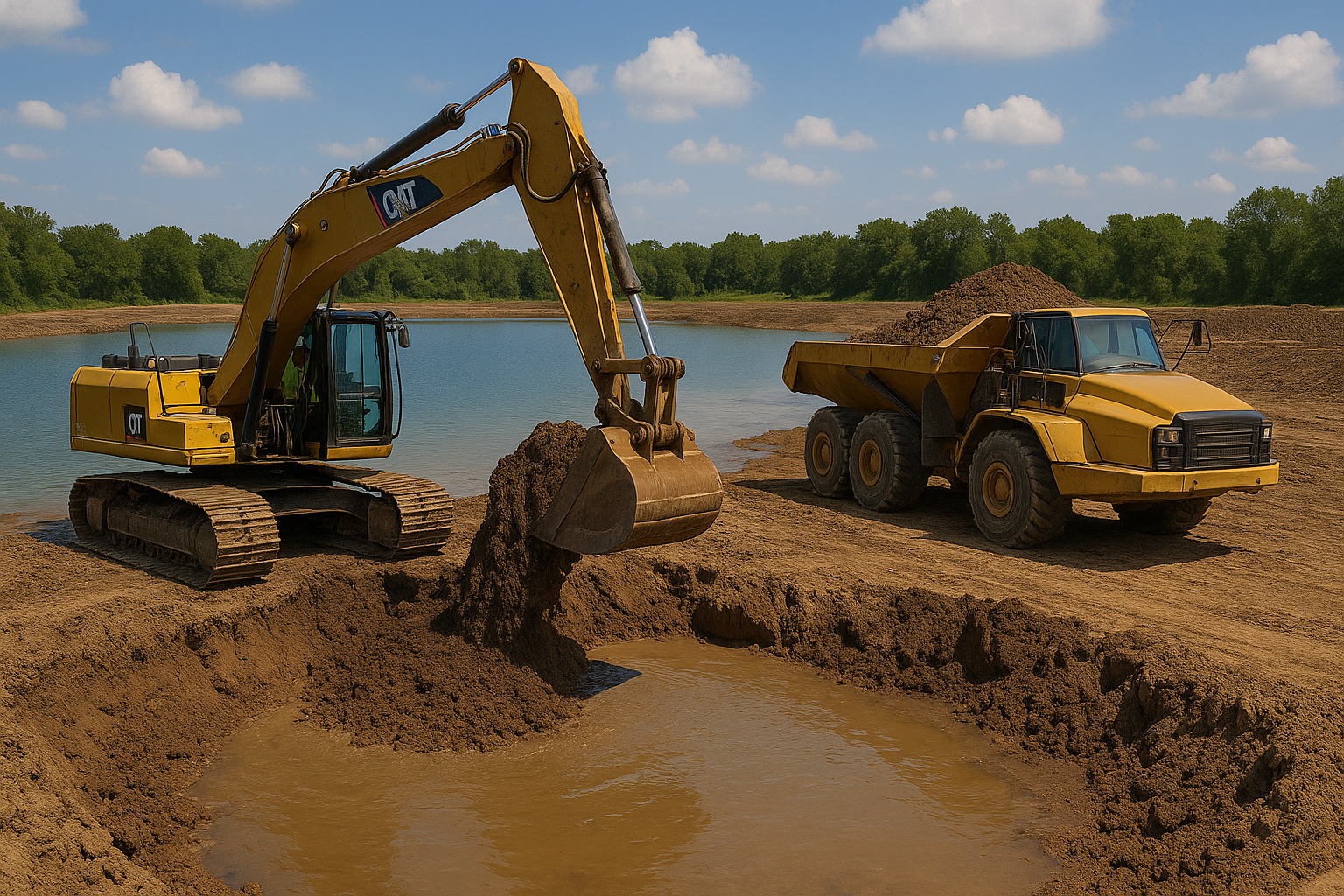 Yellow excavator loading dirt into a yellow dump truck near a body of water.