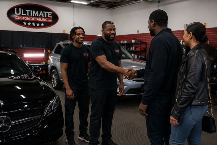 Mechanic polishing a black car in a garage with red accent lighting