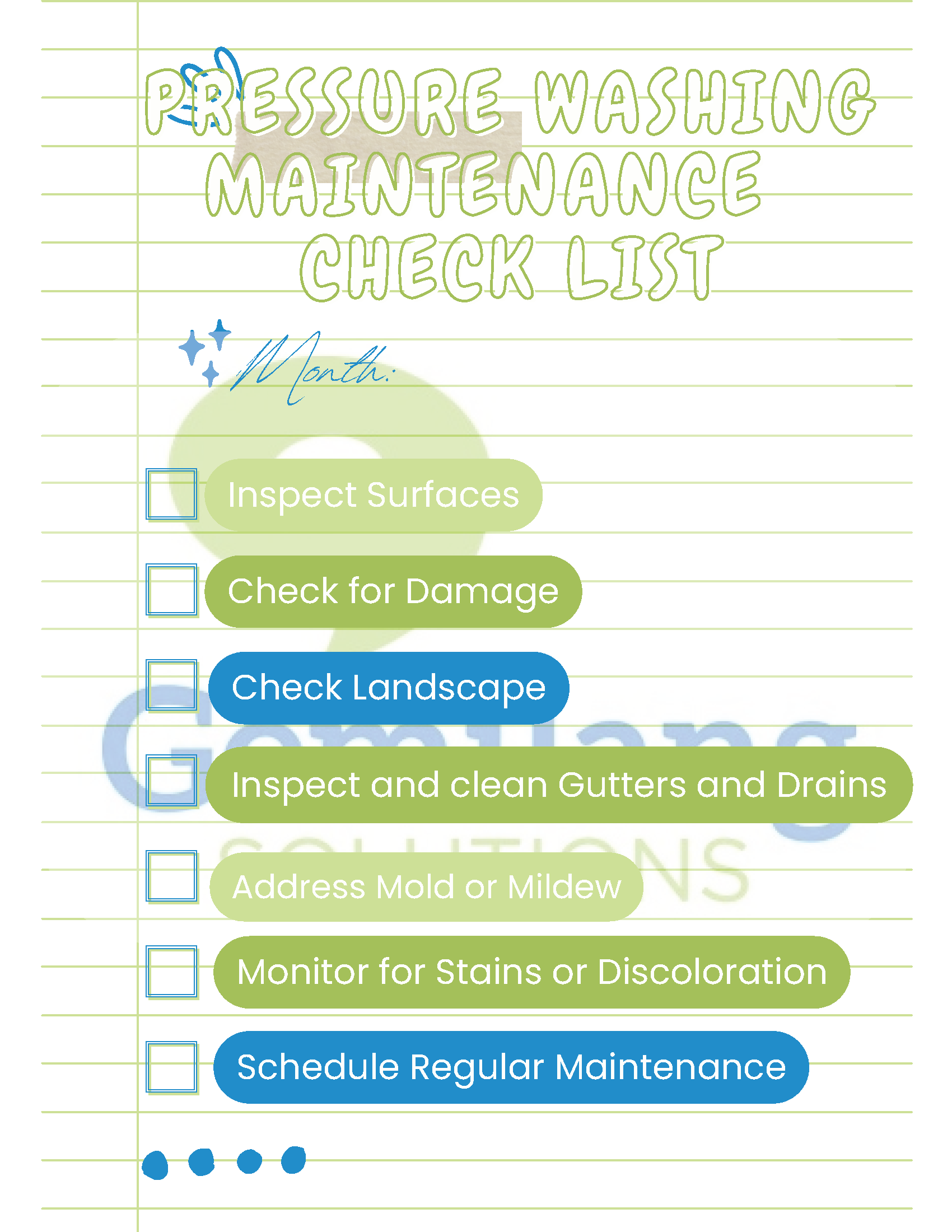 A checklist for pressure washing maintenance is on a piece of paper.