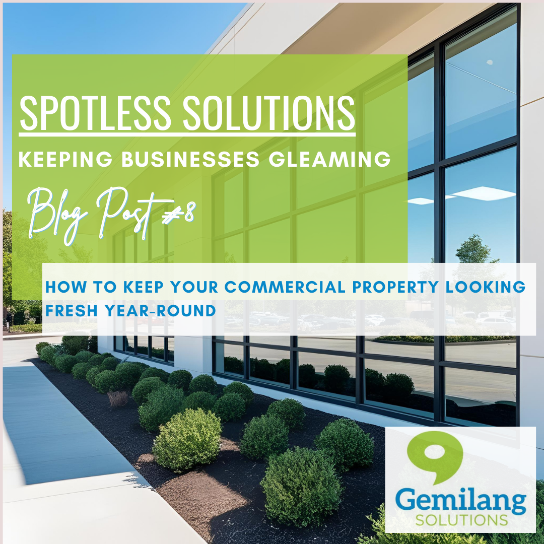 A green and white sign that says spotless solutions keeping businesses gleaming