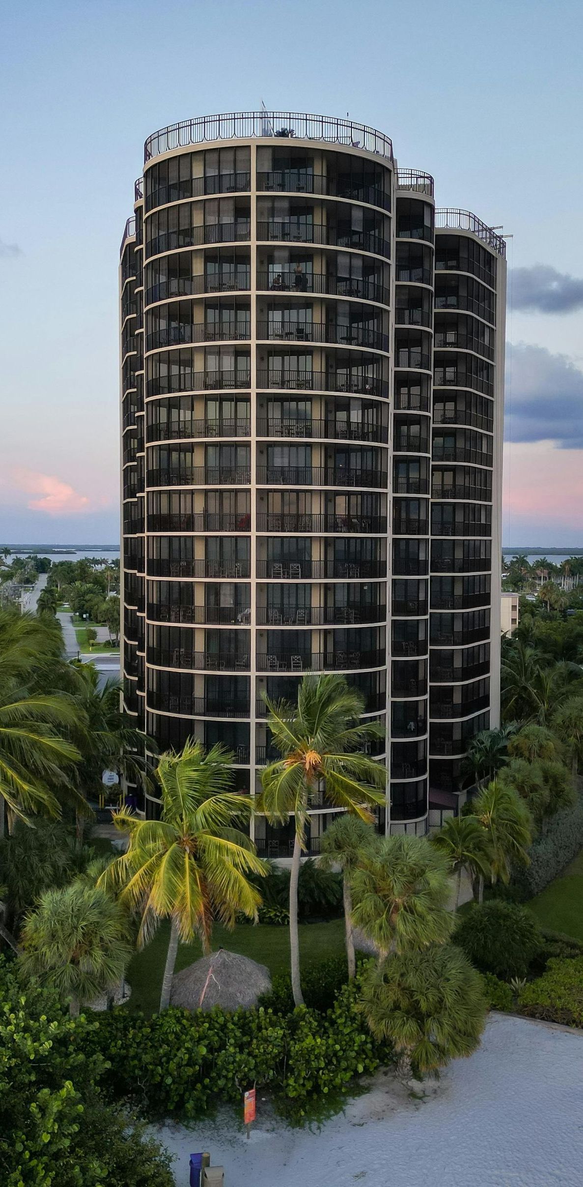 A tall building with palm trees in front of it.