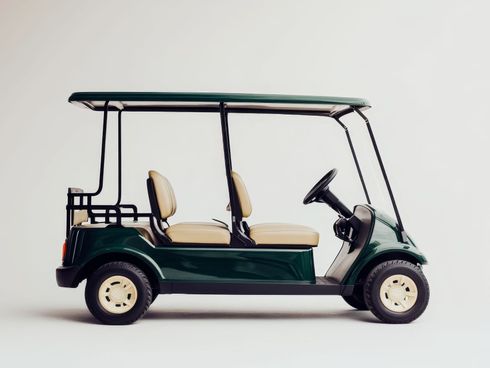 A green golf cart with two seats and a steering wheel on a white background.