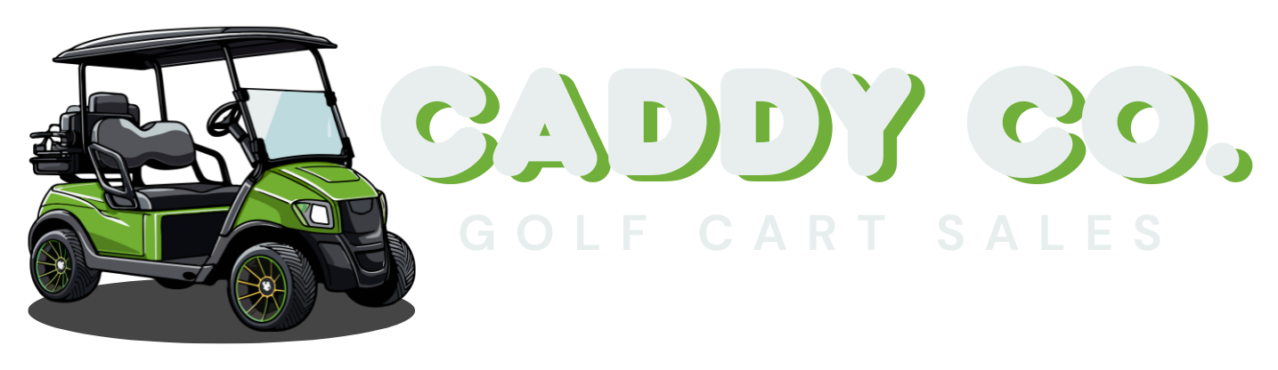 The logo for caddy co. golf cart sales shows a green golf cart.