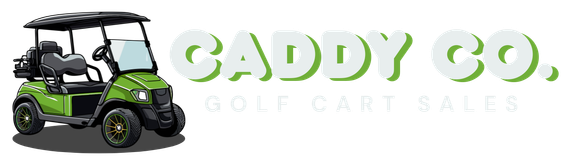 The logo for caddy co. golf cart sales shows a green golf cart.