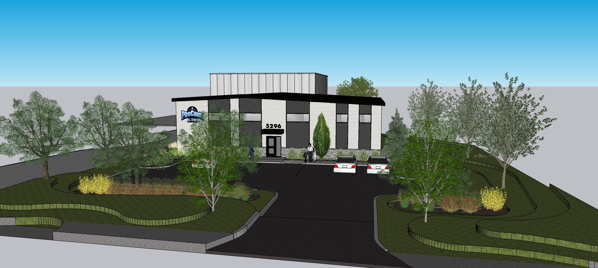 Une image générée par ordinateur d'une maison avec des arbres devant elle