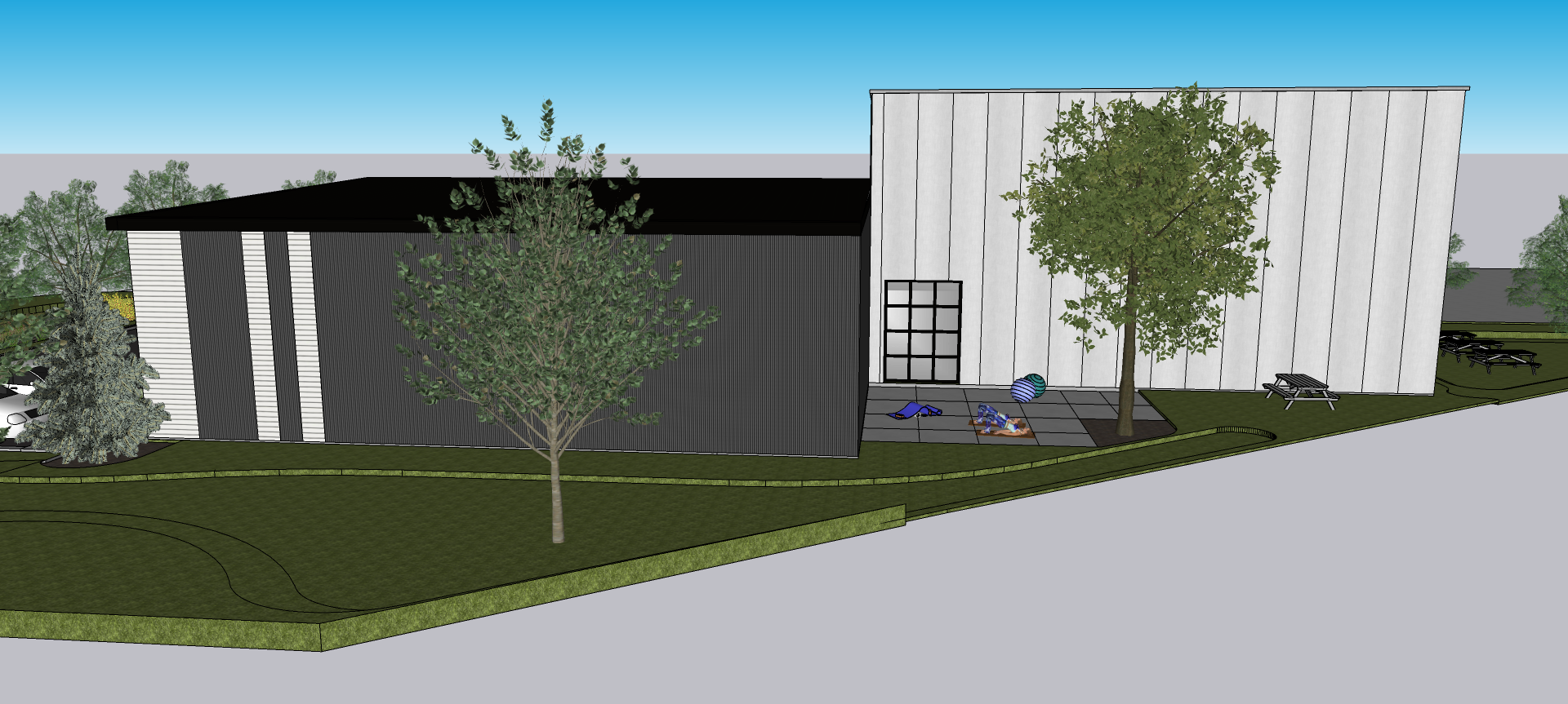 Une image générée par ordinateur d'un bâtiment avec des arbres devant lui.