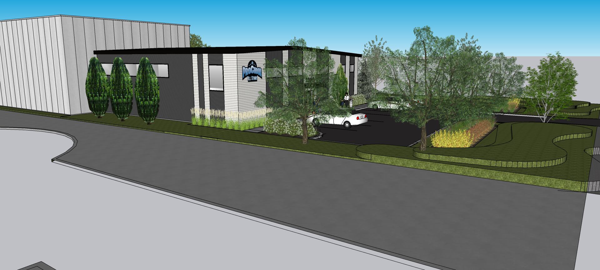 Une image générée par ordinateur d'un bâtiment avec des arbres devant lui