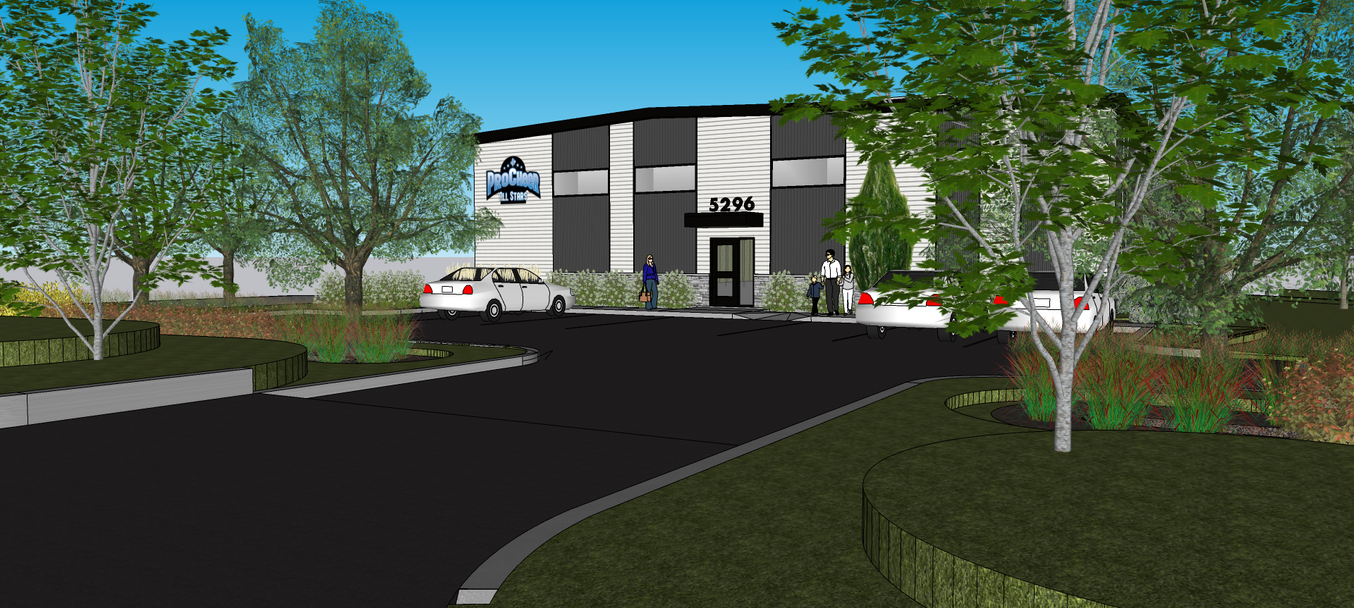 Une image générée par ordinateur d'un bâtiment avec des voitures garées devant.