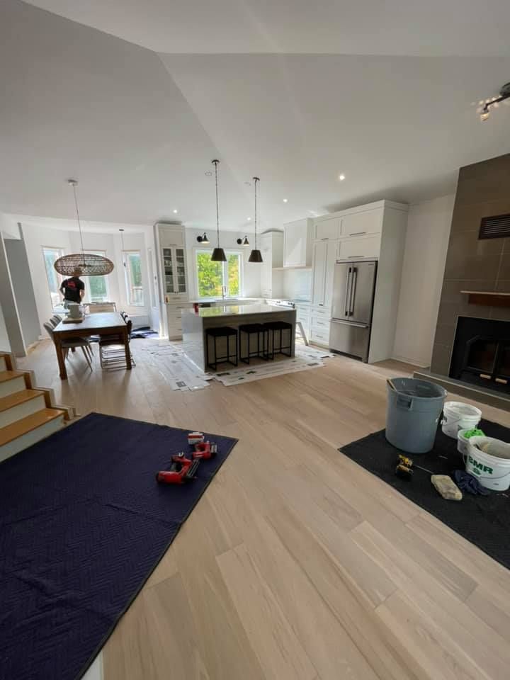 Un séjour avec cuisine, salle à manger et cheminée.