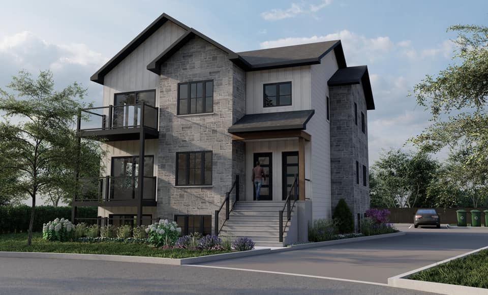 Une impression d'artiste d'une maison avec une voiture garée devant.